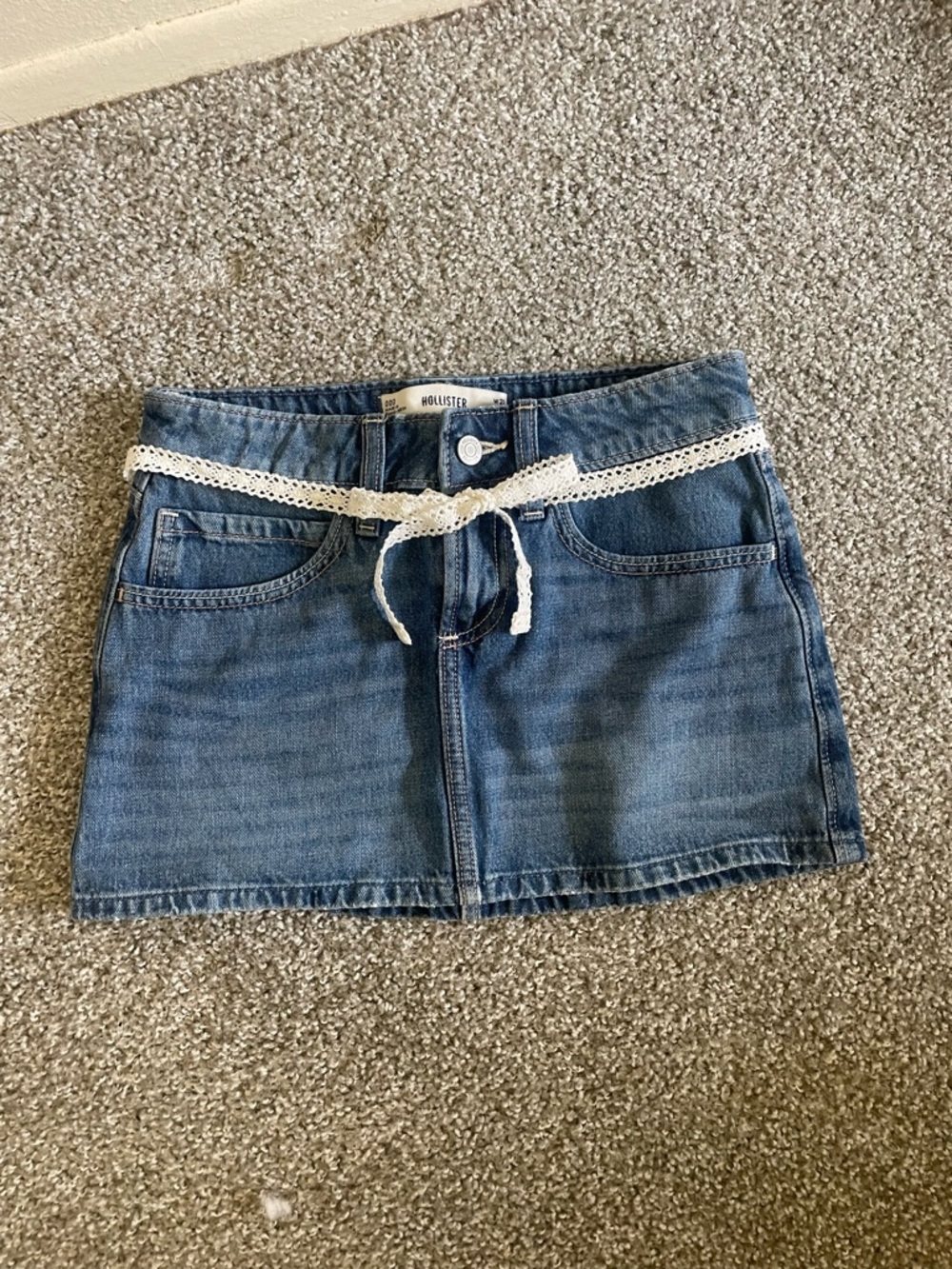 Hollister Blue Denim Mini Skirt with White Crochet Tie Belt